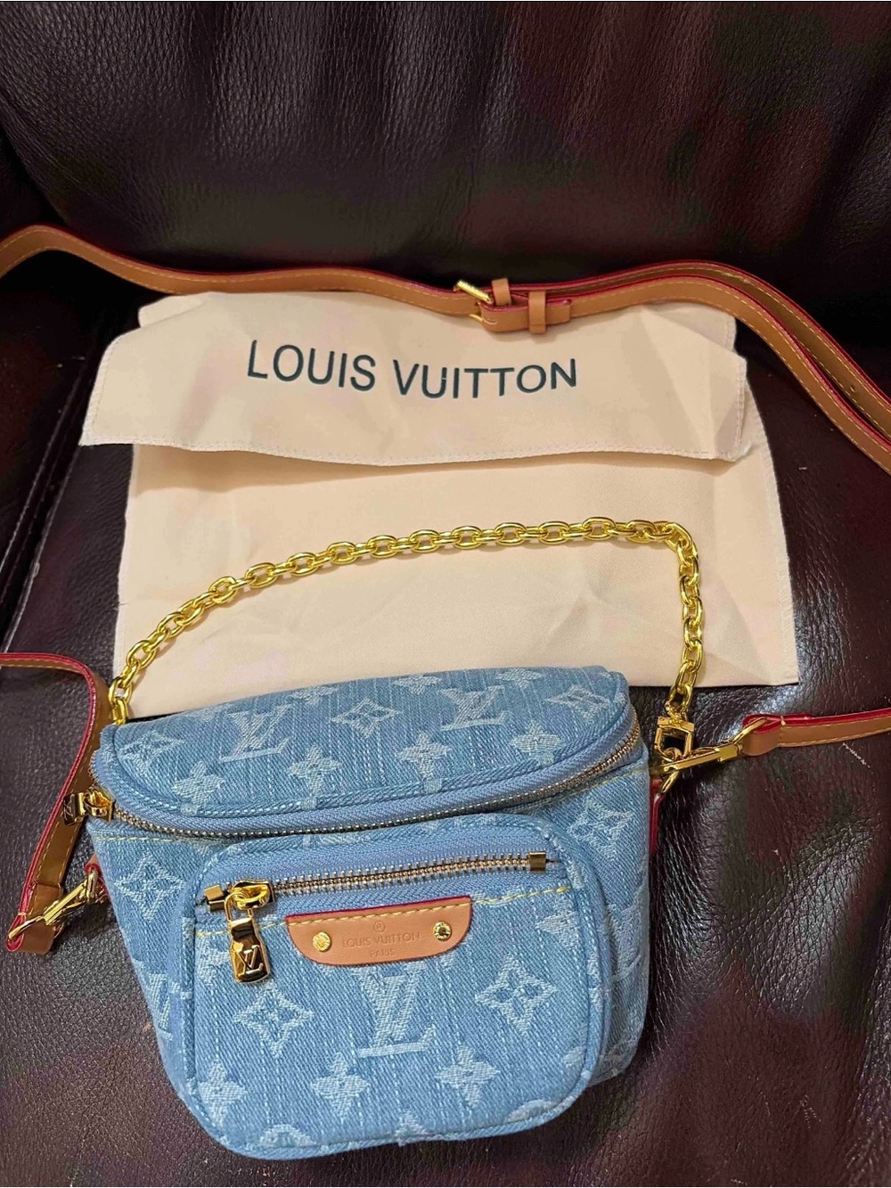 Louis Vuitton Light Blue Monogram Denim Crossbody with Gold Chain